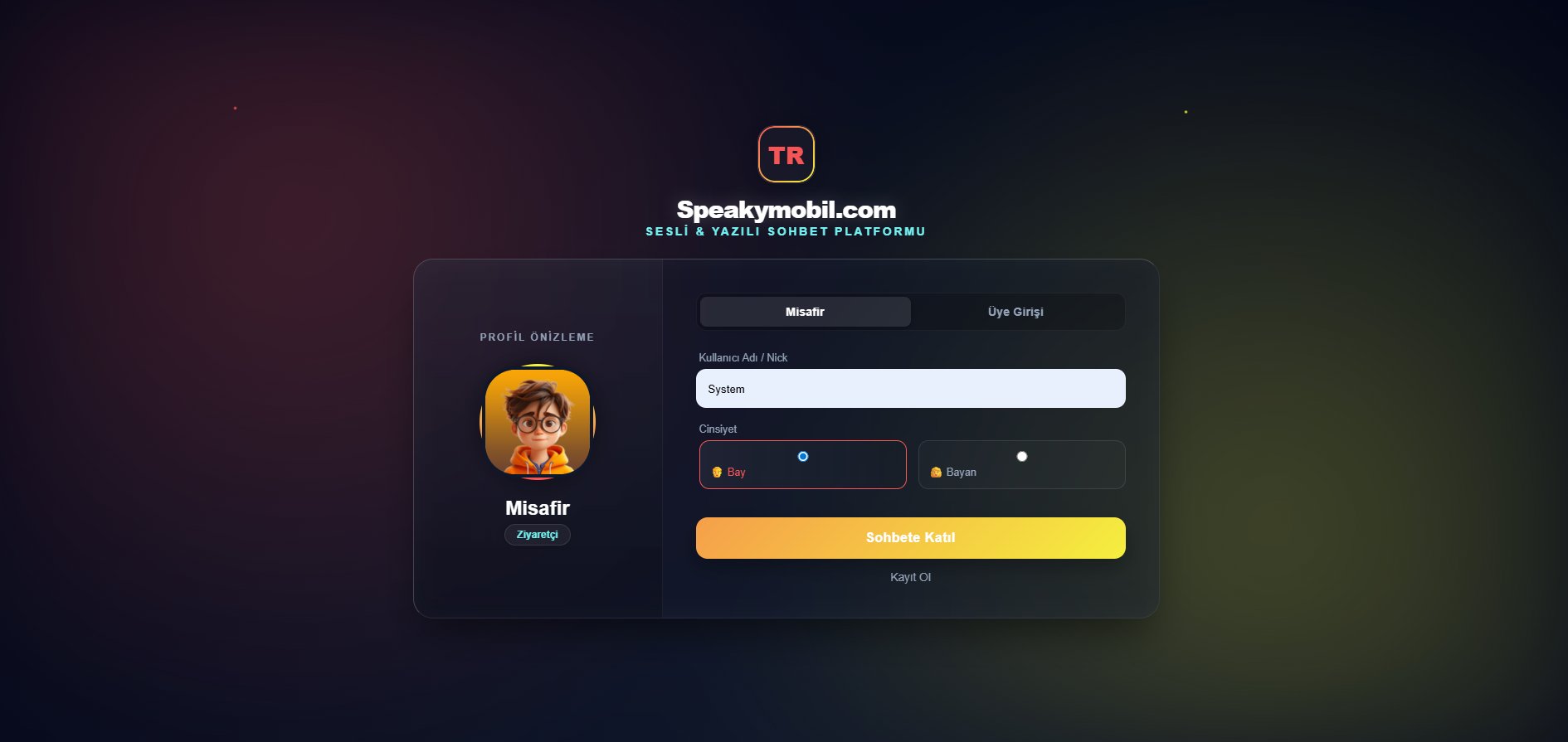 Sesli Chat Giriş Sayfası – Misafir ve Üye Girişi